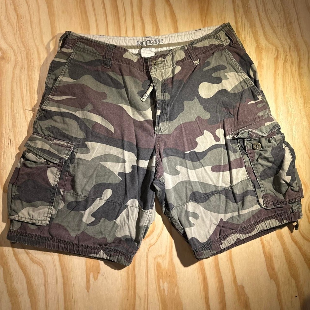 Pacific Blue Mens Camo Cargo Shorts Green Brown Woodland Size Medium 1529